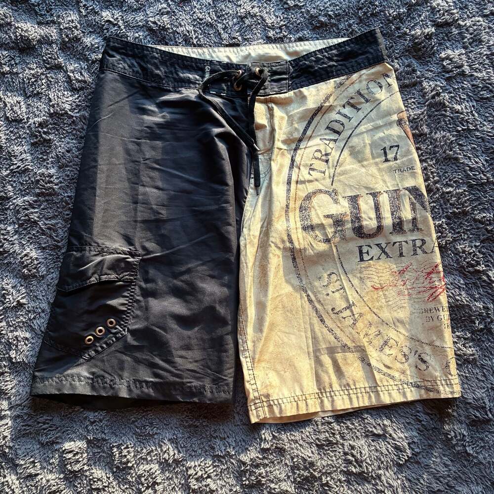 Guinness Graphic Board Shorts Y2K Black Beer Surf Swim Trunks